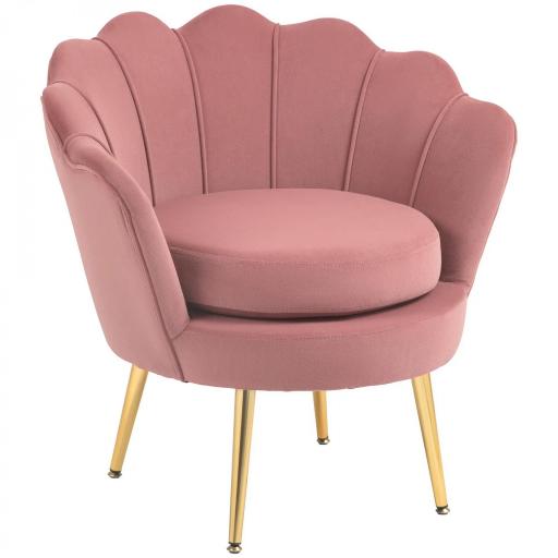 Butaca Tapizada en Terciopelo Butaca de Dormitorio con Respaldo en Forma de Concha y Patas Doradas 76x67x74 cm Rosa [8]