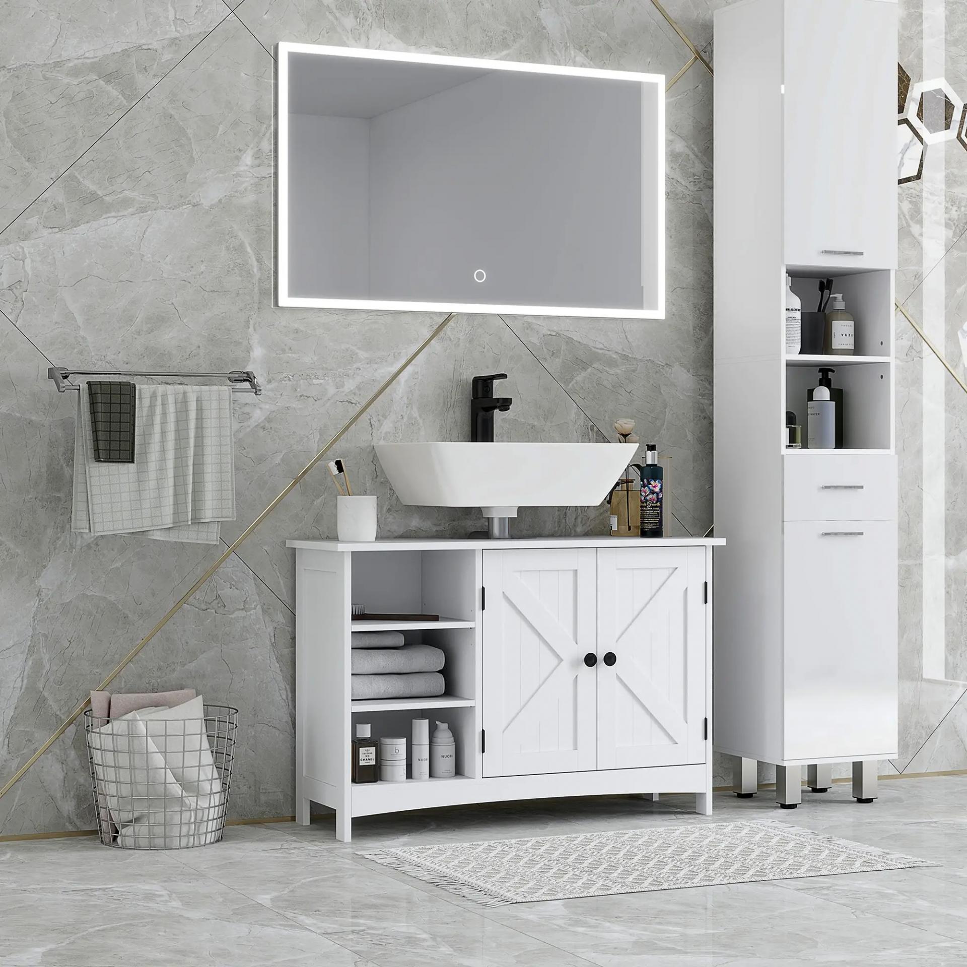 Mueble Bajo Lavabo de Pie con 2 Puertas y Estantes Ajustables Antivuelco Estilo Moderno 90x30x60 cm Blanco
