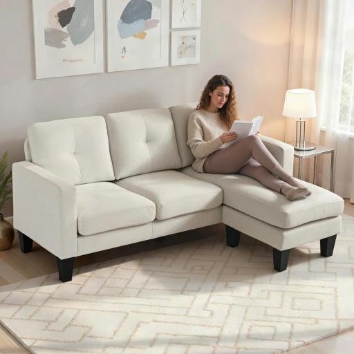 Sofá Chaise Longue Reversible con Estructura de Acero Tapizado en Chenilla 186x130x84cm Crema