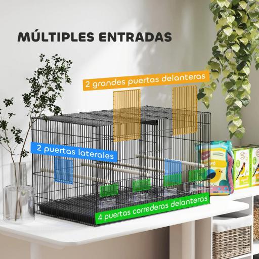 Jaula para Pájaros con Divisor 4 Comederos 4 Perchas Bandeja Extraíble para Loros Canarios Periquitos 76x46x46 cm Negro [6]