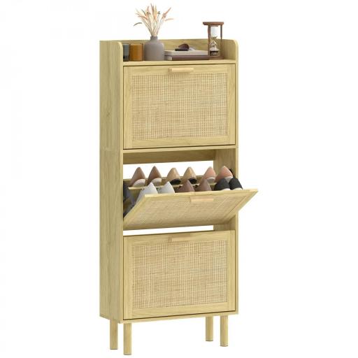 Mueble Zapatero con 3 Cajones Abatibles y Estante Abierto para12-18 Pares de Zapatos 65x24,5x153 cm Roble [8]