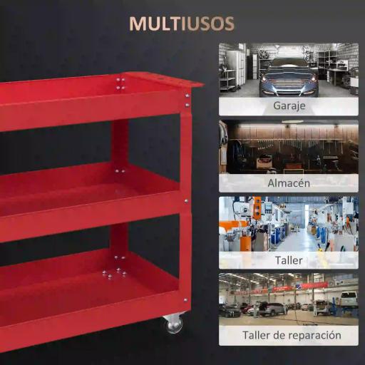 Carro de Taller de Acero con 3 Estantes de Almacenamiento y Asa Lateral Carga 150 kg 83x35,3x76 cm Rojo [6]