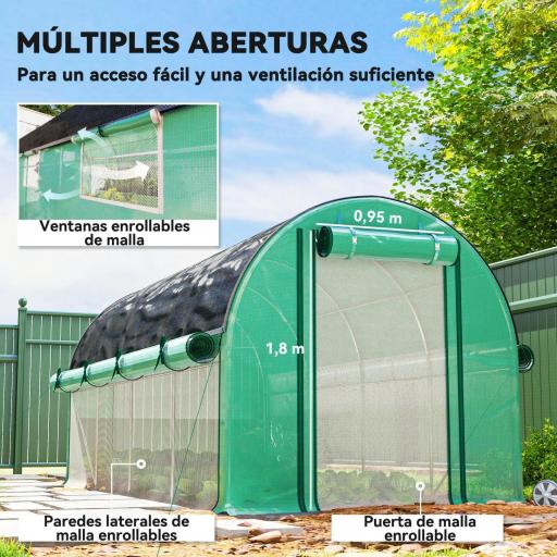 Invernadero de Túnel 4,5x2x2 m con Cubierta PE 140 g/m² Paredes Laterales Enrollables 8 Ventanas y 2 Puertas Verde [5]