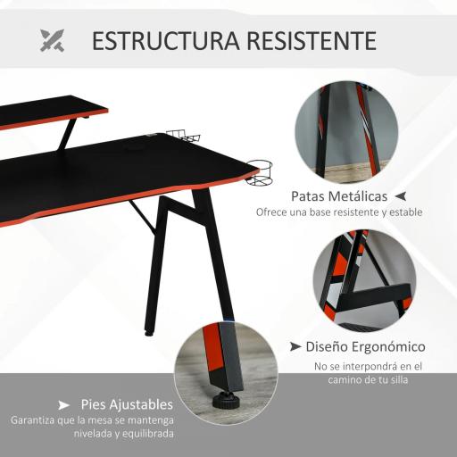 Mesa Gaming Escritorio para Computadora PC con Soporte para Monitor y Altavoz Portavasos Gancho para Auriculares Fibra de Carbono 120x60x94,5 cm Negro [5]