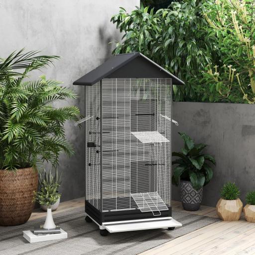 Jaula para Pájaros con Ruedas Pajarera Metálica con Bandeja Extraíble Puertas 79x65x155 cm Negro [3]