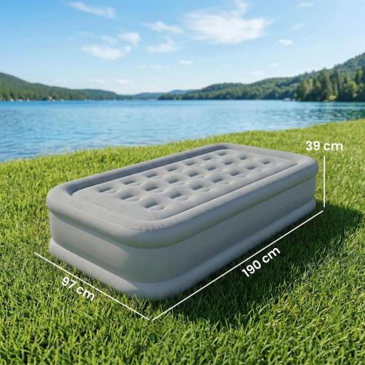 Colchón Hinchable Individual Plegable con Bomba Inflado 3 Min Desinflado 2 Min Bolsa Carga 200 kg 190x97x39 cm Gris [1]