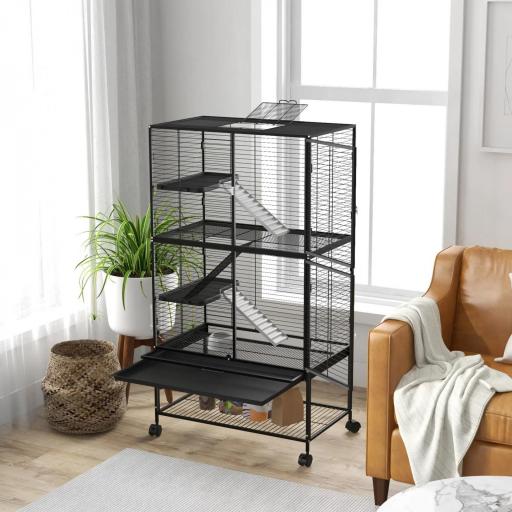 Jaula para Animales Pequeños de 4 Niveles con Ruedas Rampa Comedero Bebedero y Bandeja Extraíble 78x45,5x136 cm Negro [7]