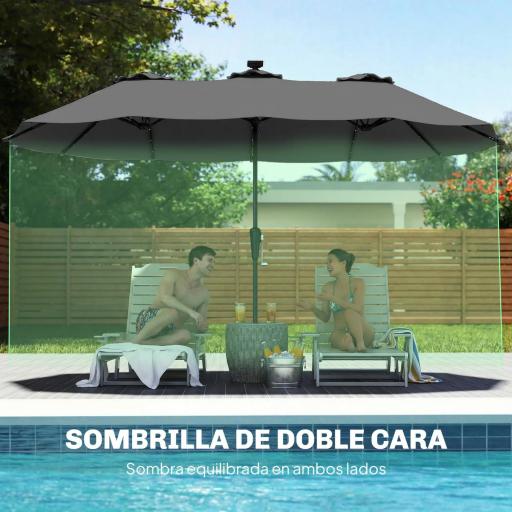 Sombrilla Doble de Jardín 4x2 m con 36 Luces LED UPF50+ Manivela 12 Varillas Resistente al Agua Gris Oscuro [1]
