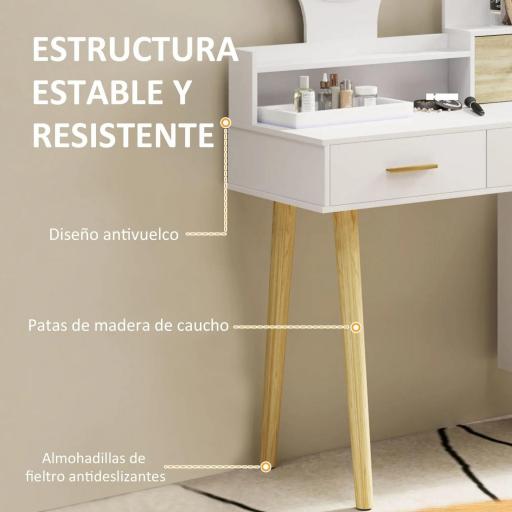 Tocador con Espejo y Luces LED Ajustables con 5 Cajones 4 Compartimentos y 1 Estante 100x44x137 cm Blanco y Natural [3]