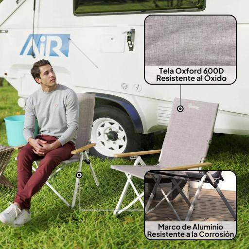 Sillas de Camping Plegables de Aluminio con Respaldo Alto Ajustable Reposabrazos de Madera 59x67x96 cm Gris Claro [6]