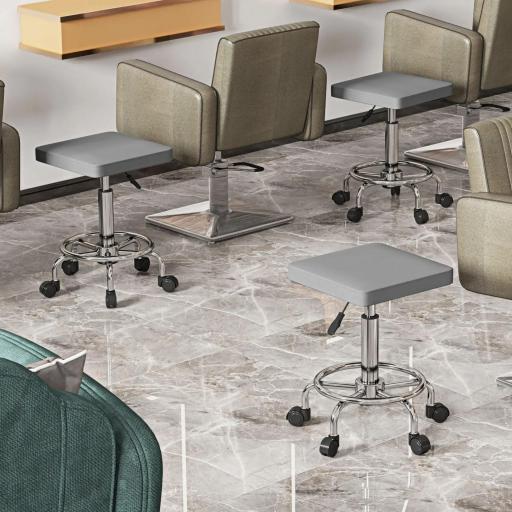 Taburete Giratorio Ajustable Con Asiento Acolchado Reposapiés y Ruedas para Salones y Talleres 34x34x50-66 cm Gris [2]