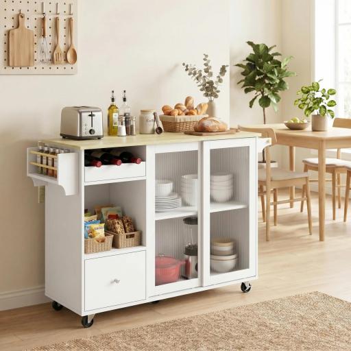 Isla de Cocina con Encimera Abatible Ruedas Puertas Correderas de Vidrio Botellero Cajón Especiero Estante Ajustable [3]