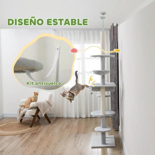 Árbol para Gatos de Suelo a Techo 225-255 cm con Hamacas Plataformas Juguete de Cuerda Bola de Juguete Gris [5]