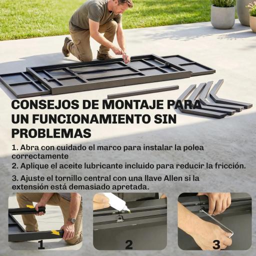 Mesa de Comedor Exterior Extensible 154/214 cm para 8-10 Personas de Aluminio Acero con Tapa Imitación Madera Gris [6]