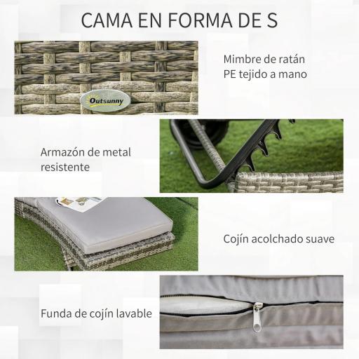 Tumbona de Jardín en Forma de S con 2 Ruedas Respaldo Ajustable en 5 Posiciones y Cojín Extraíble 207x70x70 cm Gris [5]