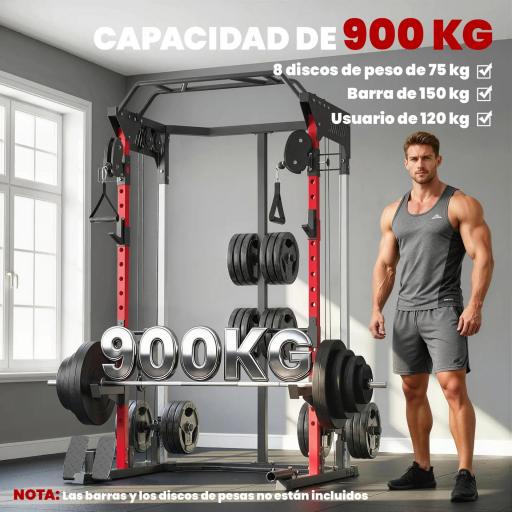 Jaula de Potencia Smith Machine, Rack para Sentadillas con Sistema Polea Ajustable Barra Dominadas y Estación de Fondos [3]