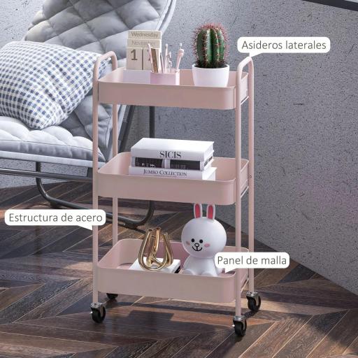 Carrito de Almacenamiento con 3 Cestas y Marco de Acero para Salón Dormitorio Oficina Cocina 45x30,6x79 cm Rosa [5]