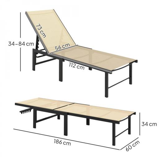 Tumbona Reclinable de Jardín Exterior con Respaldo Ajustable en 4 Posiciones y Marco de Acero 166x60x84 cm Caqui [1]