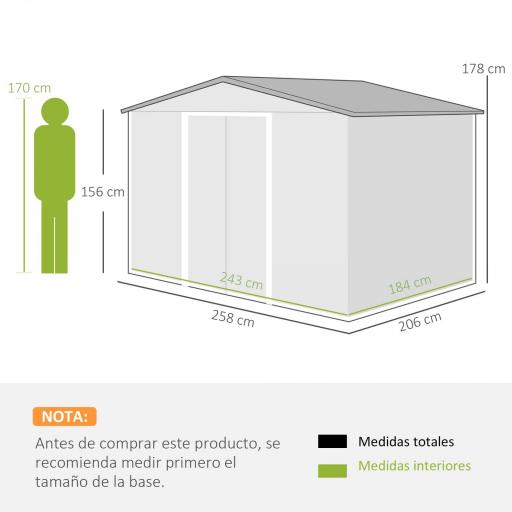 Caseta de Metálico 258x206x178 cm 5,3m² con Puertas Correderas y Ventilaciones para Almacenamiento de Herramientas Verde [1]
