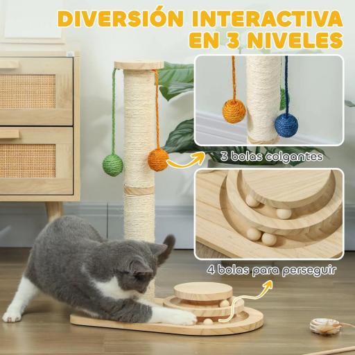 Poste Rascador para Gatos Altura 56,5 cm con 3 Bolas Colgantes Juguete de Pelota de Pista Madera Natural [2]