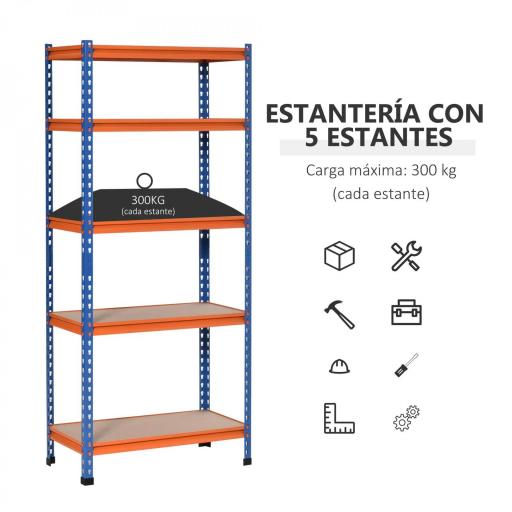 Estantería Metálica de Almacenaje 80x40x182 cm con 5 Niveles Ajustables en Altura Carga Máxima por Estante 300 kg para Almacén Garaje Taller Azul y Naranja [2]