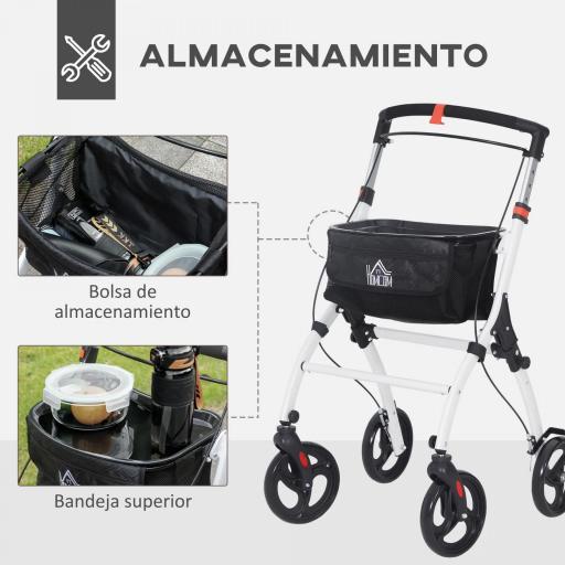 Andador para Personas Mayores Plegable de Aluminio con 4 Ruedas Bandeja Altura Ajustable Frenos de Maneta Blanco [7]