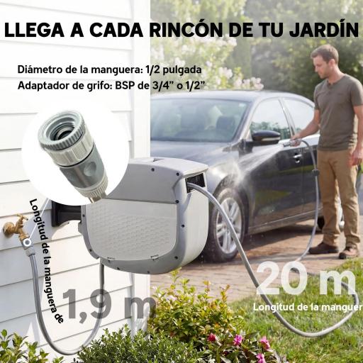Carrete de Manguera Retráctil 20+1,9 m con Boquilla de 2 Modos Bloqueo Automático y Retracción Controlada Soporte Gris [4]