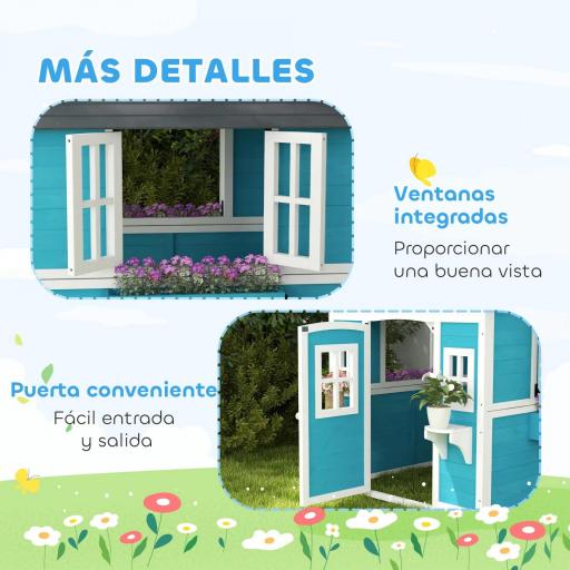 Casita de Madera Infantil con Puerta Ventanas Jardineras y Repisas con Detalles de Color 114x126,4x135 cm Azul [2]