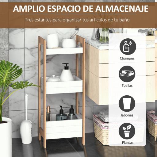 Estantería de Baño con 3 Estantes Organizador de Almacenaje Bambú para Cocina Sala de Estar Lavadero 27,5x20,8x74 cm Color Blanco y Natural [8]