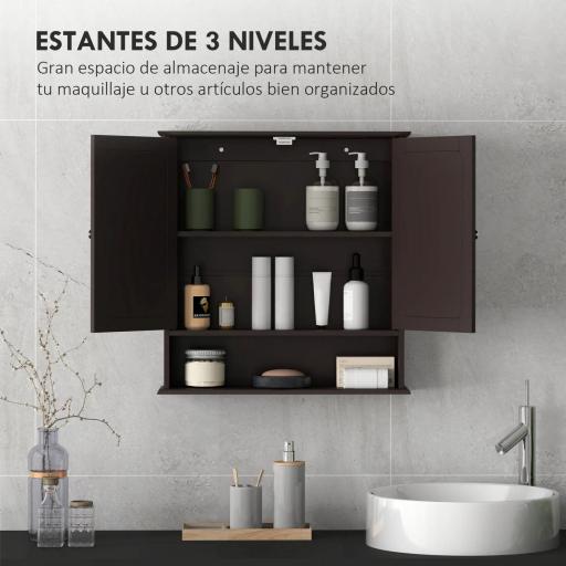 Armario de Baño con Espejo Armario de Pared con 2 Puertas Estante Abierto Estante Ajustable 56x13x58cm Marrón Oscuro [2]