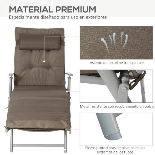 Tumbona Plegable de Jardín con Respaldo Ajustable en 7 Posiciones Cojín Cuerpo Entero y Cabeza 137x63,5x100,5 cm Marrón [3]