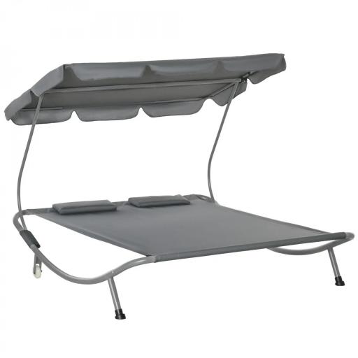 Tumbona Doble con Toldo Ajustable Tumbona de Jardín para 2 Personas con Cojines y 2 Ruedas 200x175x134 cm Gris [8]