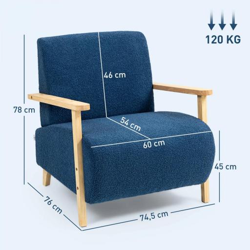 Sillón Nórdico de Borreguito Acolchado Grueso y Patas de Madera Asiento Amplio para Salón Dormitorio 74,5x76x78 cm Azul [1]