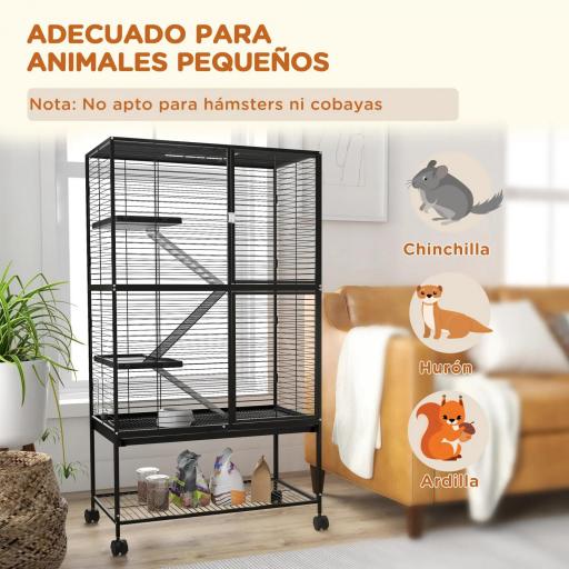 Jaula para Animales Pequeños de 4 Niveles con Ruedas Rampa Comedero Bebedero y Bandeja Extraíble 78x45,5x136 cm Negro [3]