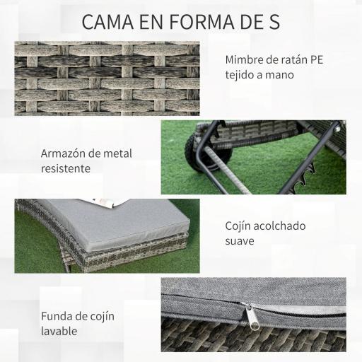 Tumbona de Jardín en Forma de S con 2 Ruedas Respaldo Ajustable en 5 Posiciones y Cojín Extraíble 207x70x70 cm Gris [4]