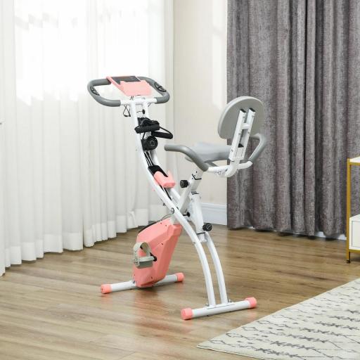 Bicicleta Estática Plegable 3 en 1 con Respaldo y 8 Niveles Resistencia Magnética, Bicicleta Estática para Casa Ajustable con Monitor LCD Volante Banda Sensor de Pulso Soporte de Teléfono Rosa