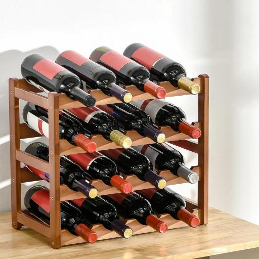 Botellero de Madera Bambú de 4 Niveles para 16 Botellas de Vino Carga Máxima 75 kg 43x23,5x38 cm Marrón