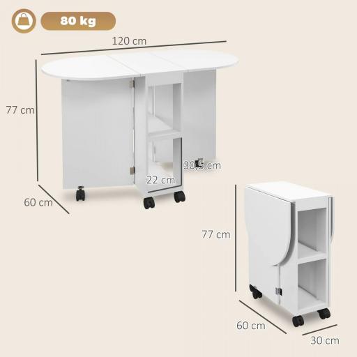 Mesa de Comedor Plegable con Ruedas Mesa de Cocina con Alas Abatibles y 2 Estantes Abiertos 120x60x77 cm Blanco [1]