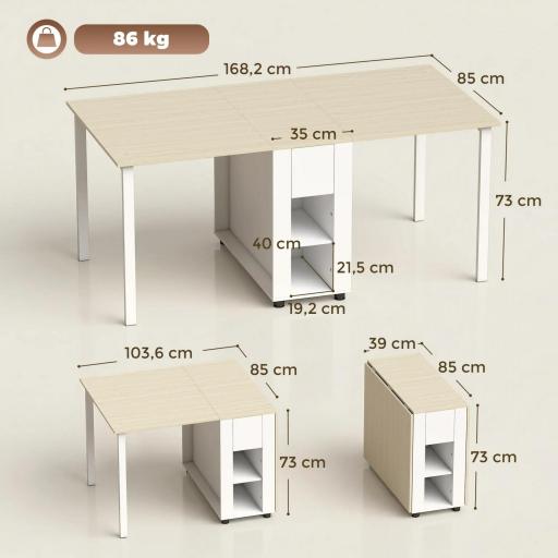 Mesa de Cocina Plegable para 6 Personas con Alas Abatibles Cajón Estantes Abiertos 168,2x85x73 cm Blanco [1]