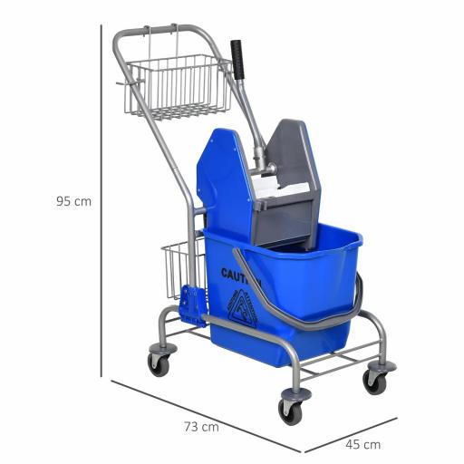 Cubo de Fregona 26 L Cubo Fregado Comercial con Escurridor de Presión Hacia Abajo Ruedas y Cestas de Almacenamiento 73x45x95 cm Azul [1]