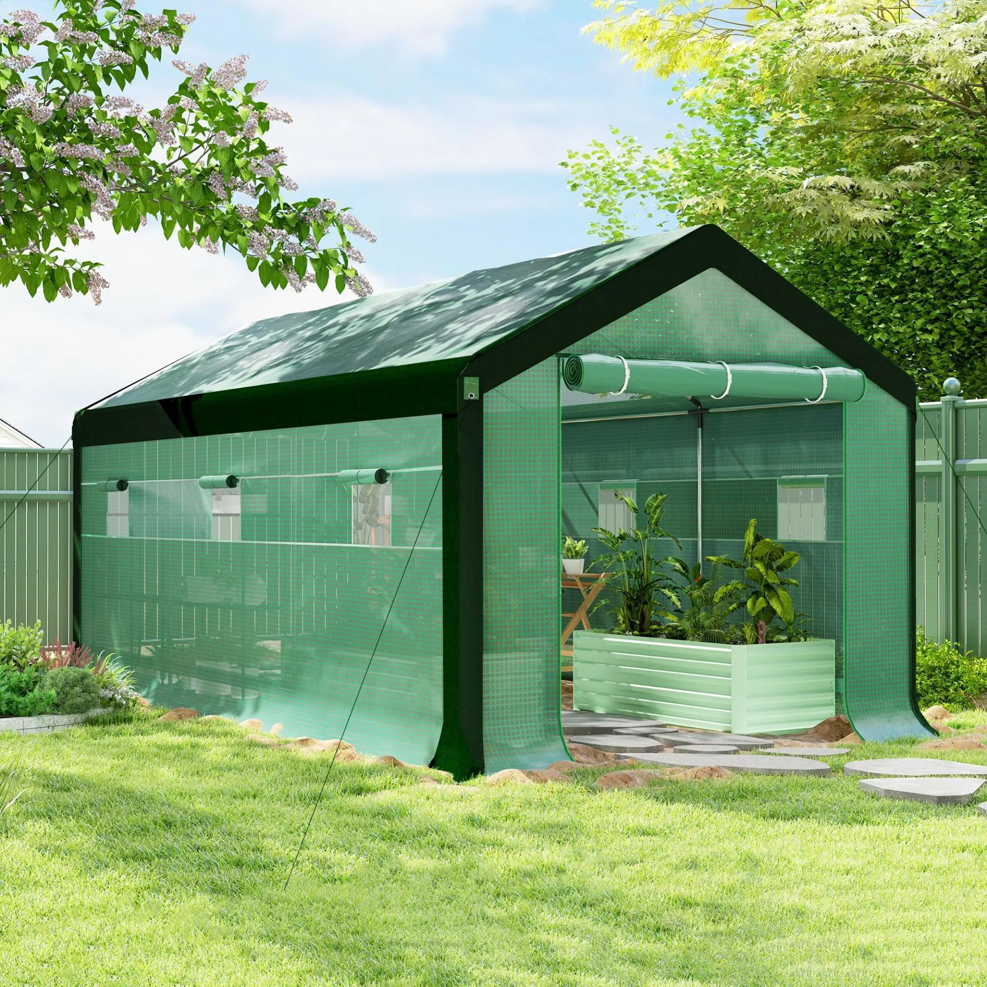 Invernadero de Túnel 6x3x2,8 m con 6 Ventanas Cubierta de PE Anti-UV y 2 Puertas Enrollables con Cremallera Verde