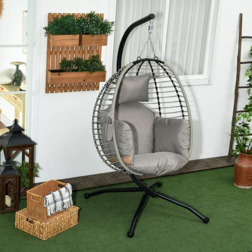 Silla Colgante con Soporte Cesta Plegable Cojín y Reposacabezas para Interior y Exterior Carga 120 kg Gris y Negro