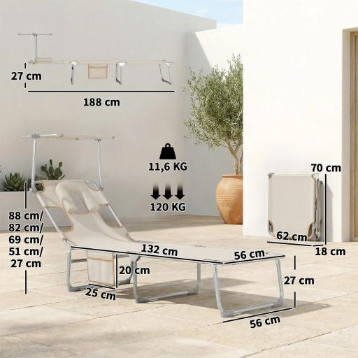 Set de 2 Tumbonas Plegables Reclinables con Dosel 360° Orificio Facial Bolsillo Lateral y Textilene 550 g/m² Beige [1]