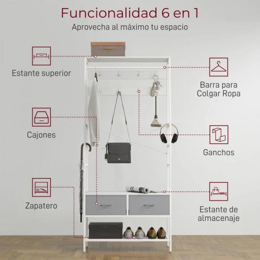 Perchero Zapatero con Zapatero Ganchos Cajones Barra y Eatante para Entrada Pasillo Salón 80x30x180,5 cm Blanco [2]