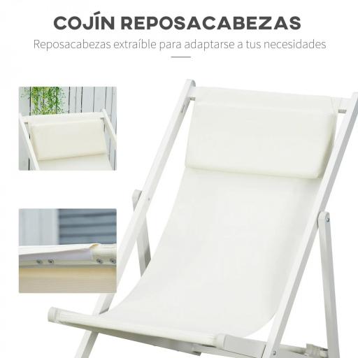 Conjunto de 2 Tumbonas Plegables de Aluminio con Respaldo Regulable en 5 Posiciones Reposacabezas 60x100x85 cm Blanco [3]