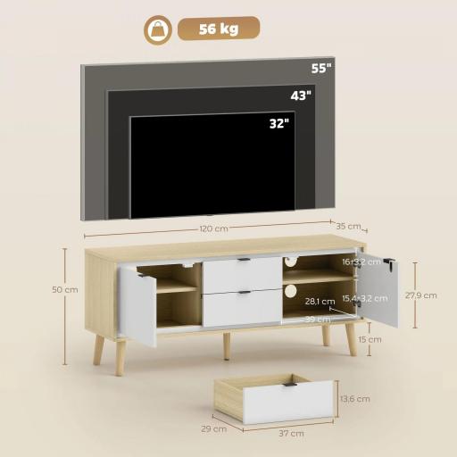 Mueble de TV Moderno de 2 Puertas 2 Cajones Orificios y Estantes Extraíbles 120x35x50 cm Blanco Brillo y Roble [1]