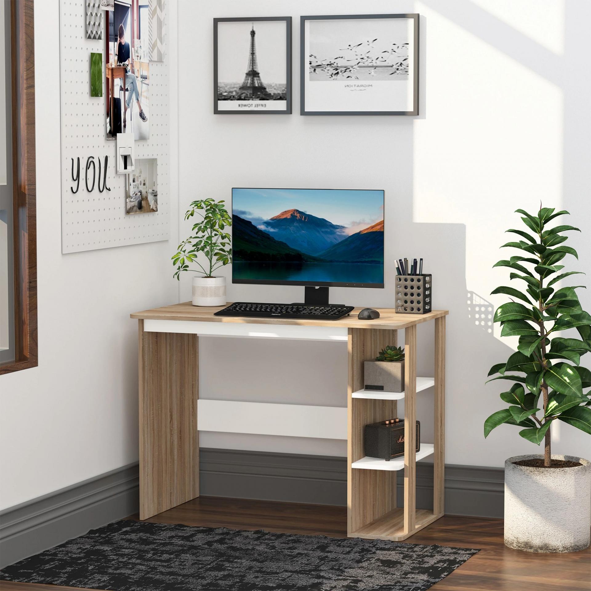 Mesa de Escritorio 2 en 1 con Estante de 3 Niveles Gran Superficie Espacio Almacenaje Amplio Mesa de Oficina Dormitorio Estudio 100x55x74 cm Madera