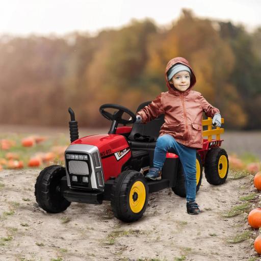 Tractor Eléctrico con Remolque para Niños 3-6 Años con Control Remoto y Cinturón de Seguridad 136,5x50x52,5 cm Rojo