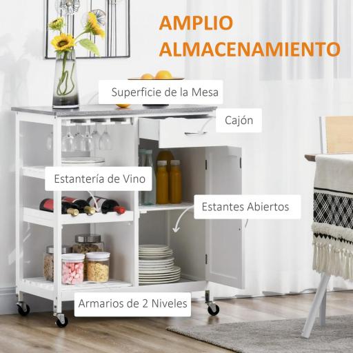 Carro de Cocina con Ruedas Carrito de Servicio con 1 Cajón Estantes Extraíbles y Botellero 76x48x88 cm Blanco [2]