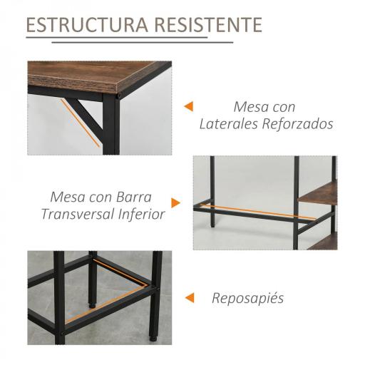 Set de Mesa de Bar y 2 Taburetes con Reposapiés y Estantes de 3 Niveles Almohadillas 109x60x100 cm Marrón Rústico [3]